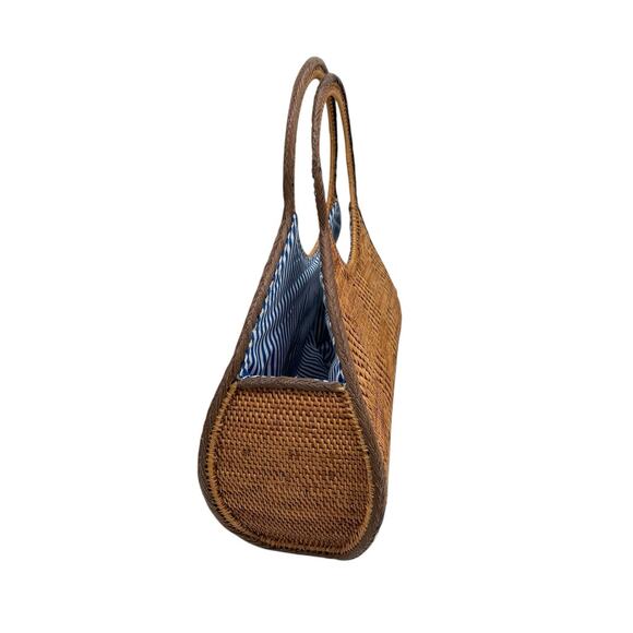 Anthropologie Veld Raffia Handbag Purse Tote Bag Blue White Lining - Picture 2 of 10